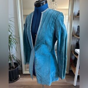 Vintage 70s 80s SAKS FIFTH AVENUE Teal Leather Suede One Button Blazer Jacket